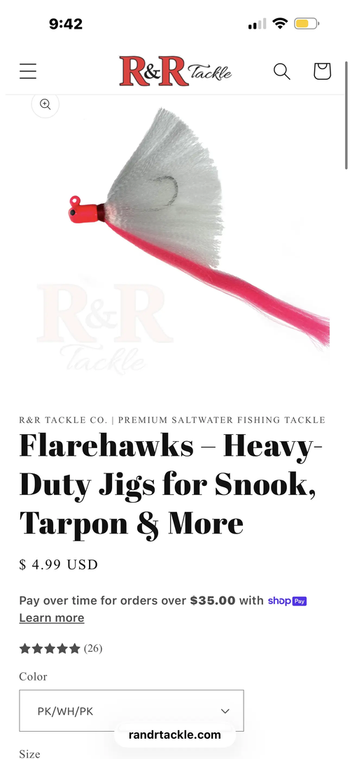 1 oz Flare Hawk Jig with white hd, white skirt, and red nylon streamer. by R&R Tackle